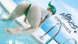 1girls 3d ass ass_focus blender cameltoe from_behind green_hair kiriko_(overwatch) looking_at_viewer looking_back nithes overwatch overwatch_2 soles solo_female solo_focus swimming_pool swimsuit swimwear wet wet_body wet_clothes wet_skin