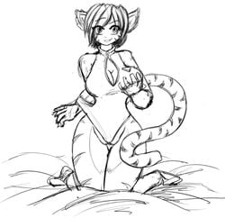 animal_ears bedroom_eyes breasts cameltoe cat_ears curvy_figure deiser eyebrows female highres holding_breast humanoid kneeling large_breasts looking_at_viewer mammal mammal_humanoid monochrome narrowed_eyes one-piece_swimsuit pantherine raised_eyebrow seductive sketch skimpy smile solo stripes_(marking) swimwear tgwonder tiger tugging_clothing