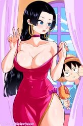 1boy 1girls bare_arms bare_legs bare_shoulders bare_thighs black_hair blue_eyes blush boa_hancock color dress elpipe3000 embarrassed female hat hi_res jewelry light-skinned_female light_skin long_hair male male/female meat monkey_d_luffy no_bra one_piece scar shounen_jump tagme thick_thighs