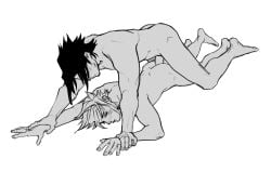 2boys anal anal_sex blush cloud_strife final_fantasy final_fantasy_vii gay greyscale kaciart male/male muscular muscular_male naked nude penis pinned_down pinned_to_floor smile spiky_hair square_enix tagme uncolored white_background wholesome yaoi zack_fair