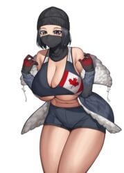 1girls asian beanie big_breasts blush breasts canada cinko cleavage dark_hair frost_(rainbow_six) gloves gray_eyes large_breasts mask navel rainbow_six rainbow_six_siege short_hair sports_bra sportswear thick_thighs thighs tom_clancy ubisoft white_background