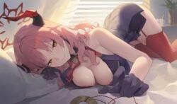 big_ass big_breasts blue_archive bra coin_on_string demon_girl gehenna_academy_student gloves halo highres horns huge_breasts huomianbao39445 mole_on_breast pink_hair satsuki_(blue_archive) tie video_game_character