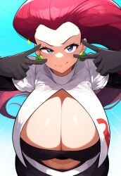 ai_generated big_breasts blue_eyes breasts cleavage huge_breasts jessie_(pokemon) large_breasts leaning_forward lipstick lubbasdump magenta_hair massive_breasts peace_sign pink_hair pokemon raised_eyebrows wide_hips