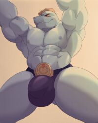 abs ara_chibi barazoku big_bulge bulge clothed clothing digital_media_(artwork) generation_1_pokemon hi_res huge_bulge humanoid machoke male muscular muscular_male nintendo nipples not_furry pecs pokemon pokemon_(species) red_eyes simple_background solo underwear underwear_only voviat