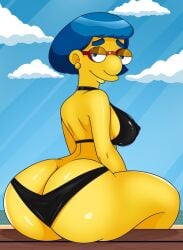 1girls ass ass_focus big_ass black_bikini black_bikini_bottom black_bikini_top blue_hair breasts bubble_butt butt_crack clouds dat_ass female female_only glasses hourglass_figure human looking_back luann_van_houten mature_female milf sitting solo solo_female sonson-sensei the_simpsons thick_ass voluptuous voluptuous_female wide_hips yellow_skin