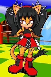 1girl 1girls 2020s 2024 2024s 5_toes :3 absurd_res accessory anthro black_hair blackmore boots breasts brown_eyes cat_ears cat_tail catgirl clothed clothing cloud dress felid feline felis female female_focus female_only fighting_ring footwear furry furry_female gloves gloves_only hair hair_accessory hairband handwear hi_res honey_the_cat looking_at_another mammal orange_eyes outside red_boots red_dress sega small_breasts solo sonic_(series) sonic_the_fighters sonic_the_hedgehog_(series) tail twintails white_gloves wide_hips wrestling_ring yellow_body yellow_fur