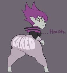 1girls 2020 ass ass_focus big_ass bottom_heavy female female_only huge_ass large_ass looking_back original_character pale-skinned_female peony_(vammzu) purple_eyes purple_hair shortstack simple_background solo text vammzu