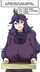 1girls alternate_breast_size big_breasts cute goth goth_girl gothic hex_maniac huge_breasts human large_breasts light-skinned_female light_skin long_hair milk milk_bottle nintendo open_mouth pokemon pokemon_xy purple_hair setawar_(coco) shy text top_heavy voluptuous