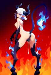 ai_generated atriel_(oc) blue_fire cookie-girl demon_girl demon_horns demon_tail digitigrade equine_pussy from_behind from_behind_position hooves horns horsepussy long_hair looking_at_viewer looking_back looking_back_at_viewer medium_breasts naked on_fire original_character pointy_ears presenting_anus presenting_ass presenting_pussy purple_eyes pussy_juice simple_background smirk smirking_at_viewer white_hair