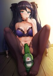 1girls alcohol beer blush bra breasts choker covering_crotch drooling drunk feet female female_only genshin_impact hi_res kazenokaze looking_at_viewer mona_(genshin_impact) no_shoes pantyhose spread_legs torn_pantyhose twintails