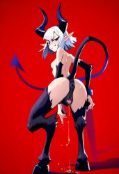 ai_generated atriel_(oc) cookie-girl demon_girl demon_horns demon_tail digitigrade equine_pussy from_behind from_behind_position hooves horns horsepussy long_hair looking_at_viewer looking_back looking_back_at_viewer medium_breasts naked original_character pointy_ears presenting_anus presenting_ass presenting_pussy purple_eyes pussy_juice simple_background smirk smirking_at_viewer white_hair