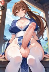 1futa ai_generated balls big_breasts big_penis blush brown_eyes brown_hair clothed cock dead_or_alive dickgirl erection foreskin from_below futa_only futanari huge_cock kasumi_(doa) light-skinned_futanari light_skin long_hair looking_at_viewer penis precum roxygtf sitting solo viewed_from_below