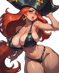 1girls ai_generated armpits big_breasts bikini black_bikini black_swimwear breasts cameltoe earrings female female_only league_of_legends long_hair miss_fortune mole mole_on_breast navel riot_games rocksolidart solo solo_female swimwear thick_thighs wide_hips