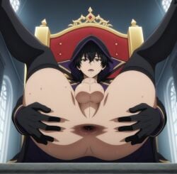 ai_generated anus cid_kagenou dark_hair femboy gay ikntlive kage_no_jitsuryokusha_ni_naritakute! male_only presenting presenting_anus shadow_(the_eminence_in_shadow) solo solo_focus solo_male the_eminence_in_shadow throne twink yaoi