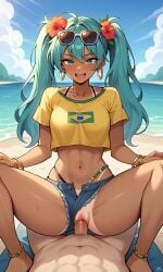 1boy 1girls ai_generated bakaoneechan bikini brazil brazilian brazilian_female brazilian_miku clothed clothing female girl hatsune_miku male male_penetrating_female medium_breasts mini_short nipples penetration penile_penetration penis penis_in_pussy pussy sex shorts stable_diffusion tan_body tan_skin tan_skinned_female vagina vaginal vaginal_penetration vaginal_sex vocaloid