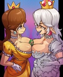 1boy 2girls big_breasts boo_(mario) boosette breasts brown_hair cleavage clothing crown ear_piercing facial_hair female giant giantess gloves green_hat green_shirt human humanoid large_breasts larger_female looking_at_another luigi male mario_(series) massive_breasts moxydrawsmore nintendo open_mouth princess_daisy royalty size_difference smaller_male super_crown tongue tongue_out voluptuous voluptuous_female white_hair