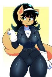 absurd_res ai_generated anthro big_breasts black_hair blush breasts clothed clothing domestic_cat felid feline felis female fur gloves green_eyes hair handwear hellsonger hi_res kitty_katswell mammal nickelodeon simple_background smile solo t.u.f.f._puppy turtleneck