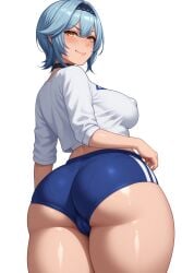 ai_generated ass back_view blush breasts eula_(genshin_impact) genshin_impact gym_uniform happy huge_ass looking_at_viewer medium_breasts mouth_closed shiny_skin smirk sports_uniform sweat tight_clothing white_background