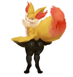 2020 anthro ass black_body black_skin braixen canid digital_media_(artwork) digital_painting_(artwork) female full-length_portrait fur genitals goldmikun hi_res looking_at_viewer looking_back looking_back_at_viewer mammal nintendo nude pokémon_(species) pokemon pokemon_(species) portrait pussy rear_view solo standing video_games yellow_body yellow_fur