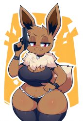 absurd_res ai_generated anthro anthrofied big_breasts black_clothing bottomwear breasts cleavage clothed clothing curvy_figure cute_fangs eevee eeveelution female fur generation_1_pokemon gun hand_on_hip hellsonger hi_res holding_gun holding_object holding_weapon jewelry jolteon legwear looking_at_viewer navel nintendo pokemon pokemon_(species) pokemorph ranged_weapon shirt shorts smile solo thick_thighs thigh_highs topwear tuft weapon wide_hips