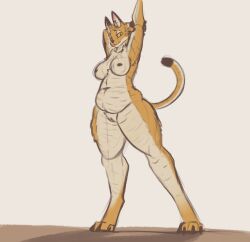 anthro asvenroc breasts felid feline female genitals hi_res looking_at_viewer mammal nude nude_female overweight overweight_female pussy selene_(certifiedocto) serval shaded_sketch solo stretching thick_thighs