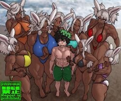 1boy 6+girls 8girls arms_crossed beach bikini black_bikini blue_bikini blue_eyes bunny_ears bunny_girl bunny_tail crossed_arms dark-skinned_female double_bun franchico1994 freckles fringe green_eyes green_hair hair_between_eyes hair_over_eyes hand_on_chest hand_on_shoulder hands_on_shoulders izuku_midoriya izuku_midoriya_(hero_outfit) large_breasts light-skinned_male light_blue_bikini long_eyelashes messy_hair mika_usagiyama_(oc) miruko mole_under_mouth multiple_girls muscular_anthro muscular_arms muscular_female muscular_male muscular_thighs my_hero_academia oc older_female orange_bikini purple_bikini rabbit_ears rabbit_tail red_bikini red_eyes romi_usagiyama_(oc) rumi_usagiyama shosho_oekaki swimsuit swimwear white_hair yellow_bikini younger_male