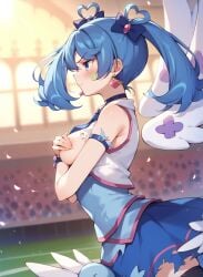 ai_generated angry_expression blue_angel blue_eyes blue_hair blush clothing earrings hi_res legwear looking_at_another torn_clothes twintails wings yu-gi-oh!_vrains zaizen_aoi