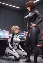 2_bodysuits 2girls ai_generated black_bodysuit blonde_hair bodysuit brown_hair captured female looking_at_another looking_up milf sexual_tension white_bodysuit yuri