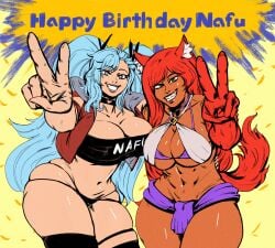 2girls abs akeno_(itsnafulol) animal_ears bikini birthday blue_hair breasts choker cleavage crop_top cropped_jacket dark-skinned_female dark_skin hair_between_eyes hair_over_one_eye hair_ribbon huge_breasts loincloth long_hair looking_at_viewer lyra(itsnafulol) multiple_girls panties peace_sign purple_eyes red_hair redandblacktac ribbon sharp_teeth siblings sisters size_difference smile swimsuit tail teeth thick_thighs thighs thong twintails underwear v wide_hips wolf_ears wolf_girl wolf_tail