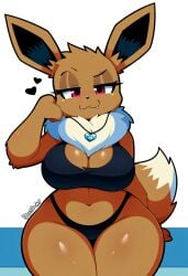 1girl 1girls 2024 2024s ai_generated anthro anthrofied belly_button big_breasts black_panties bra breasts canid canine canis cleavage clothed clothing eevee female female_focus female_only fur furry furry_female game_freak gen_1_pokemon generation_1_pokemon heart hellsonger hi_res looking_at_viewer mammal narrowed_eyes navel nintendo panties pink_eyes pokémon_(species) pokemon pokemon_(creature) pokemon_(franchise) pokemon_(game) pokemon_(species) pokemon_rgby pokemorph simple_background sitting solo tail thick_thighs thighs underwear wide_hips