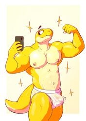 1boy 2020 absurd_res anthro bicep_curl bodily_fluids bulge cellphone clothing flexing genital_fluids hi_res jockstrap male male_only mirror_selfie muscular muscular_anthro muscular_male phone precum precum_through_clothing precum_through_underwear scalie selfie serex simple_background solo star sunny_(geckoecho) underwear wet wet_clothing white_background white_clothing white_underwear yellow_body