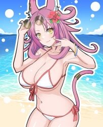 1girl alternate_version_at_source bikini cat_ears cat_tail catgirl colored_nails duel_monster ear_piercing flower_in_hair glasses gold_jewelry golden_eyes large_breasts shades smile tagme_(artist) tri-brigade_ferrijit_the_barren_blossom yu-gi-oh!