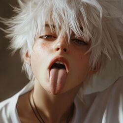 1boy ahe_gao ai_generated french_kiss french_kissing hunter_x_hunter killua_zoldyck kissing male tongue tongue_kiss tongue_out white_hair yaoi