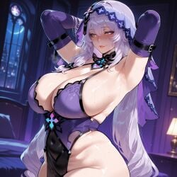 1girls ai_generated armpits arms_behind_head arms_up bangs bare_shoulders bed black_dress black_gloves black_swan_(honkai:_star_rail) blush breasts cleavage clothing covered_navel curvaceous curvaceous_female curvaceous_figure curvy curvy_figure detached_sleeves dress elbow_gloves female female female_focus female_only gloves honkai:_star_rail hoyoverse huge_breasts indoors inviting inviting_to_sex jewelry large_breasts legwear lips long_hair looking_at_viewer miyuai navel night nun parted_lips pelvic_curtain plump presenting presenting_breasts presenting_self purple_dress purple_eyes purple_gloves purple_hair seductive seductive_look seductive_smile sideboob skindentation smile solo standing steaming_body sweat thick_thighs thighhighs thighs veil very_long_hair voluptuous voluptuous_female window