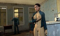 1girls 2boys 3d artist_request bottomless breasts casual_nudity citizen citizen_(half-life_2) citizen_(half-life_series) female female_focus fondling_breast garry's_mod half-life half-life_(series) half-life_2 human human_female human_male human_only looking_away male nipples open_shirt tagme unseen_male_face