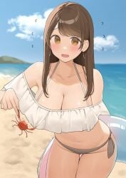 beach big_breasts bikini bikini_bottom blush brown_eyes brown_hair crab earrings ocean ol-chan_(ol_mahonanoka) ol_mahonanoka original sand side_tie_bikini