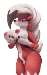 2020 absurd_res anthro big_breasts breasts canid canine digital_media_(artwork) digital_painting_(artwork) female genitals goldmikun hi_res holding_breast lycanroc mammal midnight_lycanroc nintendo nipples nude pokémon_(species) pokemon portrait pussy red_body solo three-quarter_portrait video_games