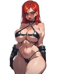 1girls ai_generated big_breasts breasts cameltoe female female_only green_eyes hourglass_figure katarina_du_couteau league_of_legends long_hair navel red_hair red_lipstick riot_games rocksolidart scar scar_across_eye scar_on_face solo solo_female thick_thighs wide_hips