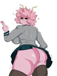 1girls mina_ashido my_hero_academia no_panties pink_hair pink_skin school_uniform solo stockings thick_thighs upskirt uuforya