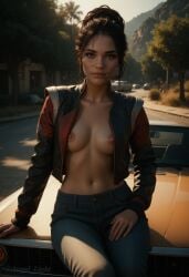 1girls ai_generated angel_light angel_light_(artist) breasts brown_eyes brown_hair cyberpunk_2077 jacket jeans navel nipples panam_palmer