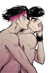 2boys diamond_is_unbreakable fingers_in_another's_mouth gay jojo's_bizarre_adventure josuke_higashikata male male/male male_only rohan_kishibe sweat yaoi