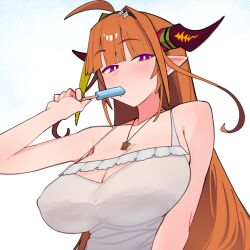 blunt_bangs breasts camisole cleavage dismassd dragon dragon_girl female gradient_eyes hololive horn huge_breasts kiryu_coco long_hair orange_eyes orange_hair pointy_ears popsicle popsicle_in_mouth purple_eyes suggestive two-toned_hair virtual_youtuber yellow_hair