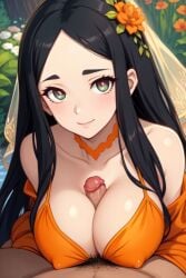 1boy1girl 1girls ai_generated bare_shoulders big_breasts big_eyes black_hair blouse boobjob cleavage cock flower_in_hair green_eyes hispanic_male indian indian_clothes indian_female interracial light-skinned_female light_skin looking_at_viewer looking_up male_pov orange_clothing paizuri penis_between_breasts saree sari smiling straight tan-skinned_male veil