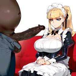 ai_generated blonde_hair dark-skinned_male fat_male interracial maid