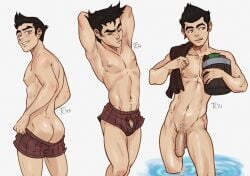 1boy ass avatar_legends bathing dressing mako male_focus male_only nude penis presenting smile solo the_legend_of_korra tolak underwear wet