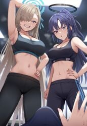 1boy 2girls ai_generated angry arm_behind_head asuna_(blue_archive) bare_shoulders big_breasts black_sports_bra black_yoga_pants blue_archive bulge erection erection_under_clothes hand_on_hip heart_eyes highres looking_at_viewer looking_down lustful_gaze midriff pov pov_hands seductive_smile sensei_(blue_archive) smile smirk sports_bra sweat trembling yoga_pants yuuka_(blue_archive)