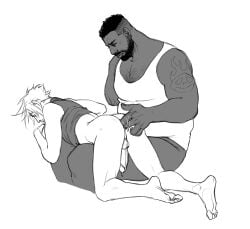 amputee anal anal_fingering barret_wallace body_hair cloud_strife dark-skinned_male final_fantasy final_fantasy_vii gay gay_sex greyscale interracial kaciart male male/male male_only penis sex size_difference spiky_hair tagme yaoi