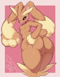 91o42 absurd_res anthro ass big_butt big_ears black_sclera blush bodily_fluids breasts brown_body brown_fur butt_focus butt_squish deep_skin featureless_breasts featureless_crotch female fur generation_4_pokemon hand_on_butt hi_res holding_butt huge_butt lagomorph long_ears looking_at_viewer looking_back lopunny mammal nintendo nude pear-shaped_figure pokemon pokemon_(species) portrait presenting presenting_hindquarters rear_view red_eyes scut_tail seductive short_tail simple_background small_breasts small_waist solo squish sweat tail thick_thighs three-quarter_portrait three-quarter_view wide_hips