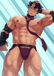 abs bara beefy biceps big_bulge bulge daddy genshin_impact jockstrap lad male male_nipples male_only muscular_male nipples pecs penis penis_outline rekkinj underwear wriothesley_(genshin_impact)