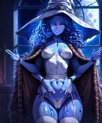 1girls ai_generated big_ass big_breasts big_butt big_thighs blue_body blue_eyes blue_hair blue_skin breasts d-art_style dawnart elden_ring female female_only hat lingerie multi_arm multi_limb panties ranni_the_witch thick_thighs thighs thong white_panties witch_hat